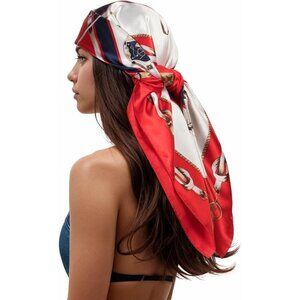 Women's Navy/White Head Scarf Like Silk Printed Square Hair Bandanas 35 Inches